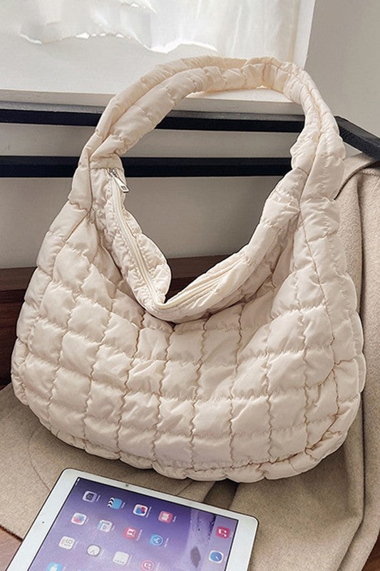 Beige Quilted Zipper Large Jennie Shoulder Bag