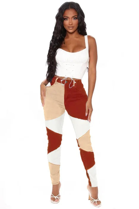 Fashionable Women's High Waist Denim Skinny Leggings High Quality Pencil Jeans Color Block Patchwork 3D Fall Spring Summer