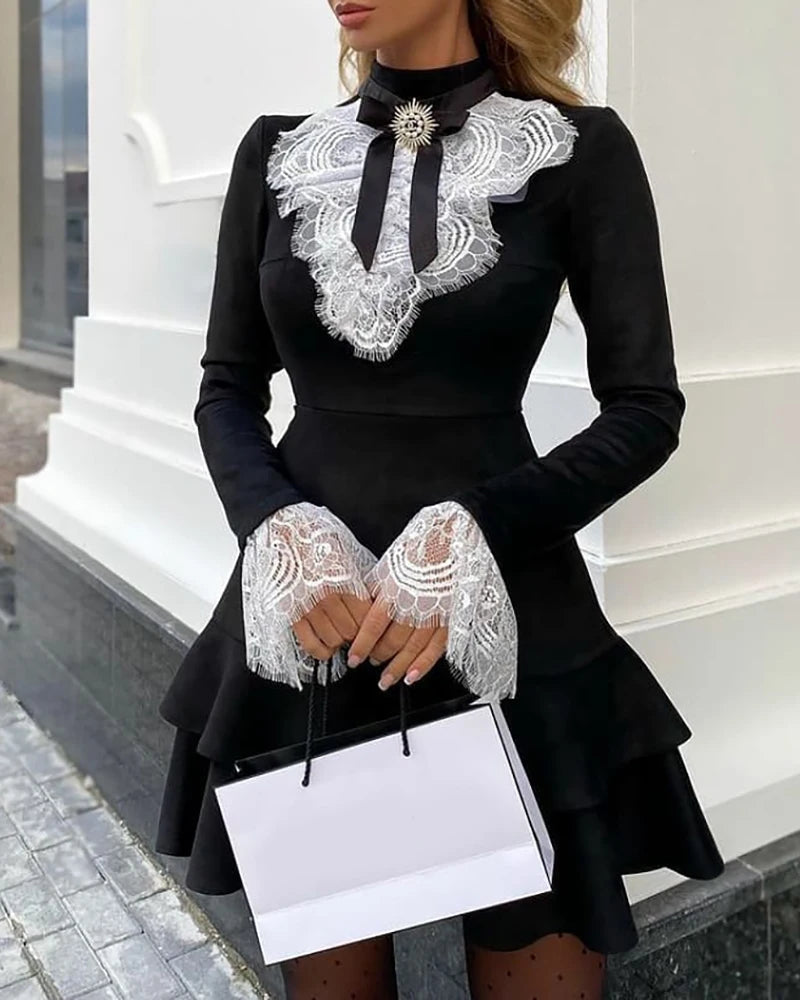 2025 Women's Dresses Fashion Elegant Sexy Long Sleeve Lace Bell Sleeve Ruffle Dress OL Classic Romantic Patchwork Mini Dress