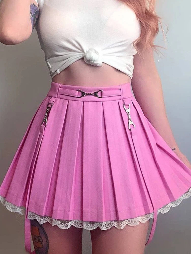 Women Skirts 2021 New Straps Decor Harakuju Lolita High Waist Mini Pleated Skirt School Girls Lace Hem Cute Streetwear