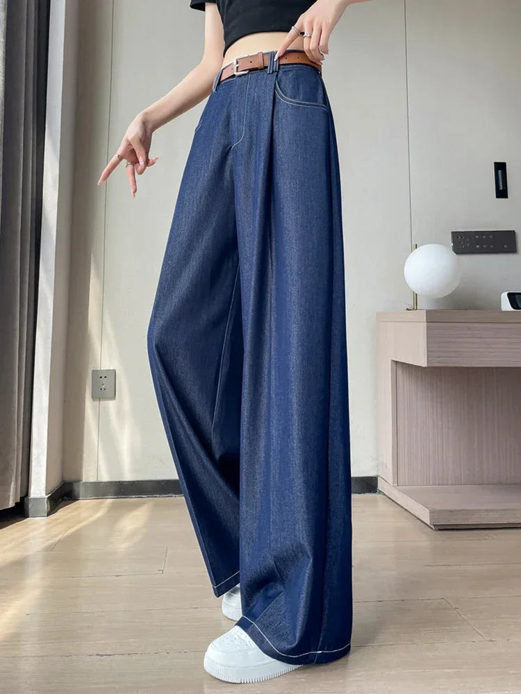 Women's Casual Basic Style Tencel Soft Ice Silk High Waisted Straight Jeans Female Commute Wide-Leg Light Blue Jeans