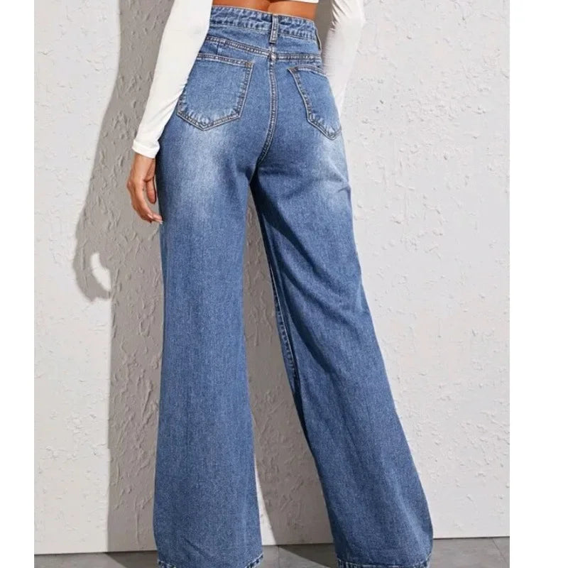 Blue Jeans for Women Wide Leg Pants Straight Long Pant Denim Trousers High Waist Y2k Loose Elegant Trouser Autumn Spring 2024