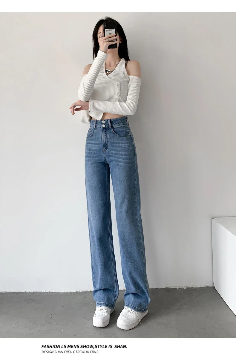 Women's Jeans Autumn High Waist Loose Straight Denim Pants Black Blue Fashion Korean Street Stretch Soft Comfortable Trousers