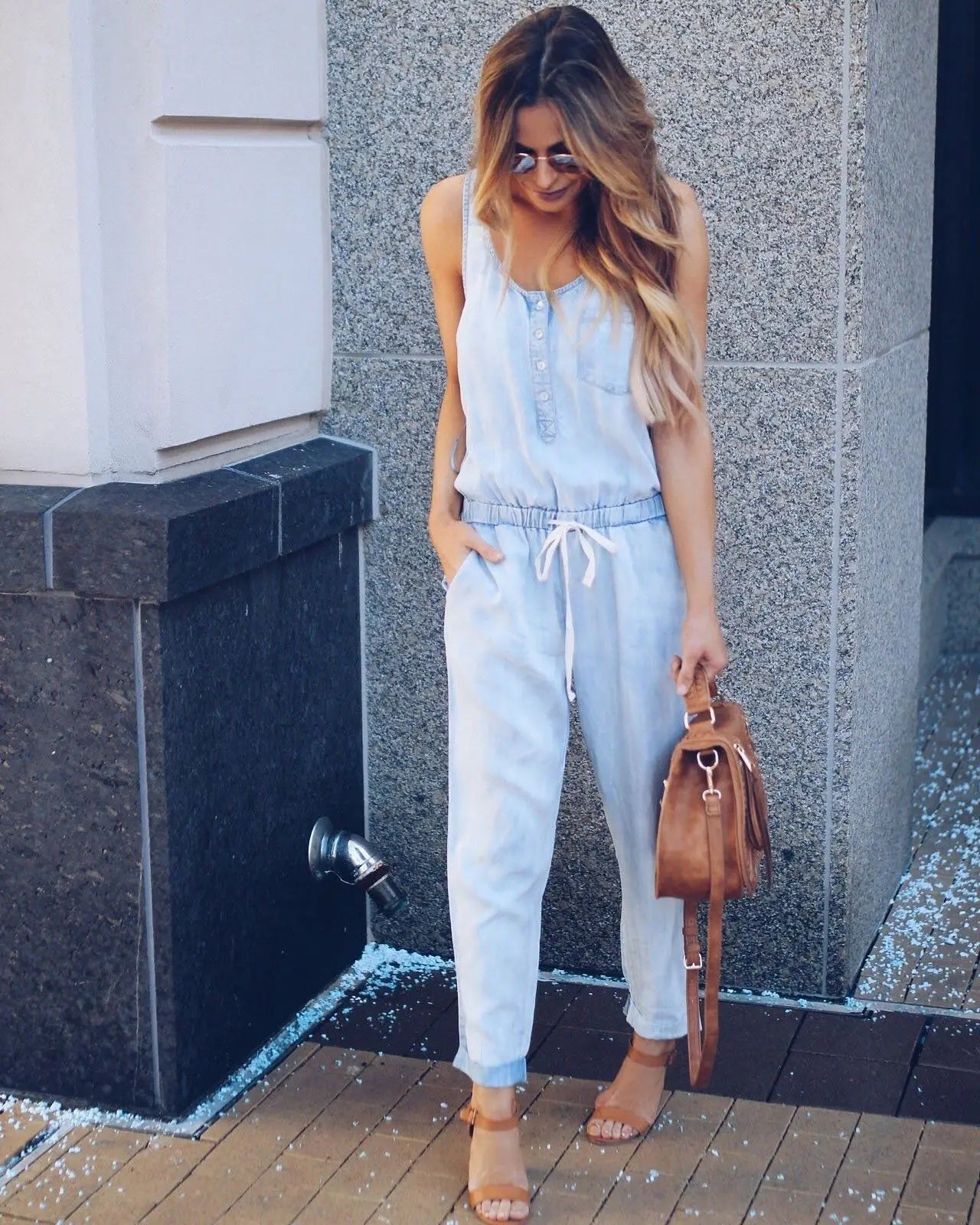 Women's Summer Jeans Jumpsuit V Neck Sleeveless Vest Waist Slim Fashion Drawstring Denim Long Jumpsuit Lady Vest