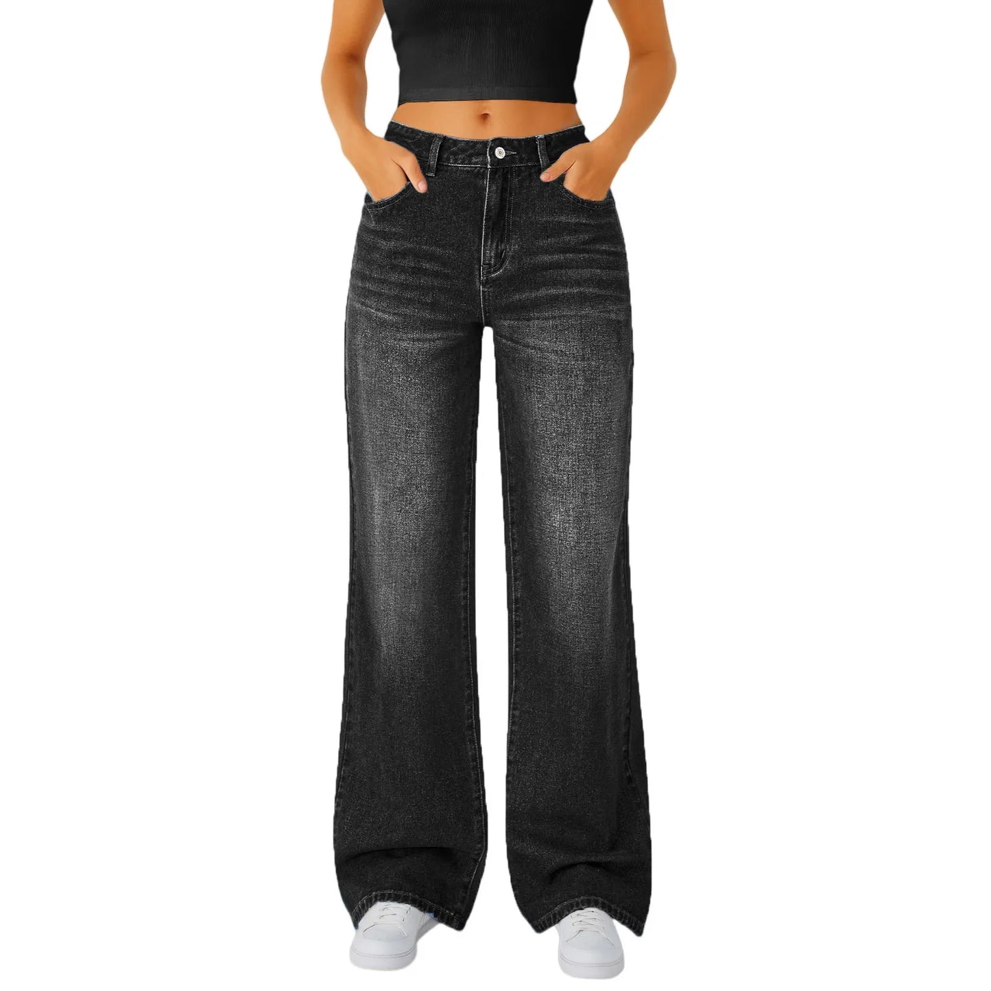 Jeans Women Straight Long Pants Casual Floor Length Mom Pant Blue High Waist Elegant Zipper Fly Pockets Slim Y2k Denim Trousers