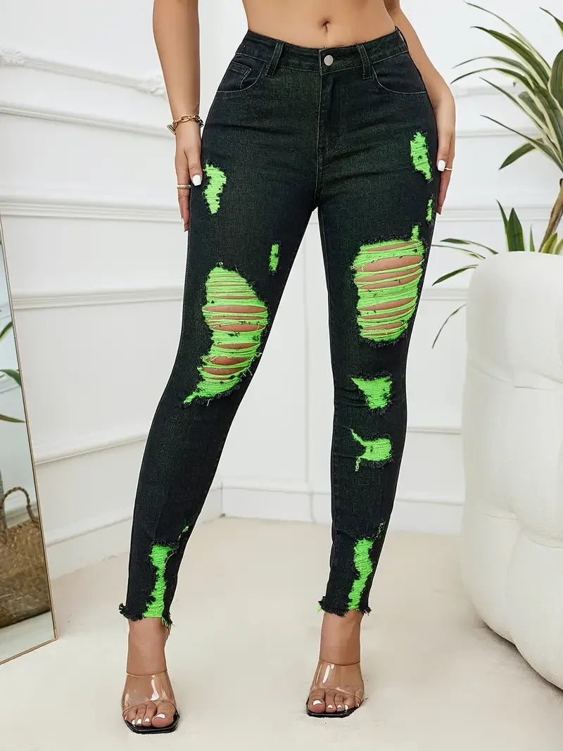 2024 Summer New Women's Ripped Jeans Fashionable High Stretch Skinny Denim Pencil Pants Slim Comfortable Knit Jeans S-2XL