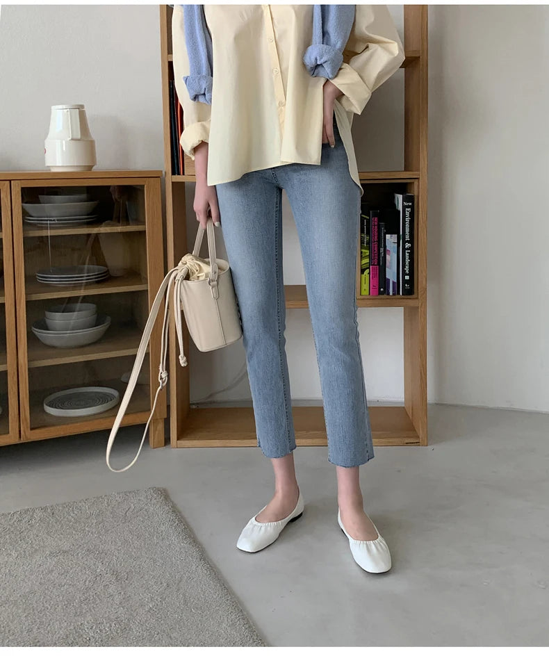 Light Blue Jeans Women Straight Leg Elastic Chic Boyfriend Pants Denim Streetwear Women Ladies Cargo Pants New Fashion 2023