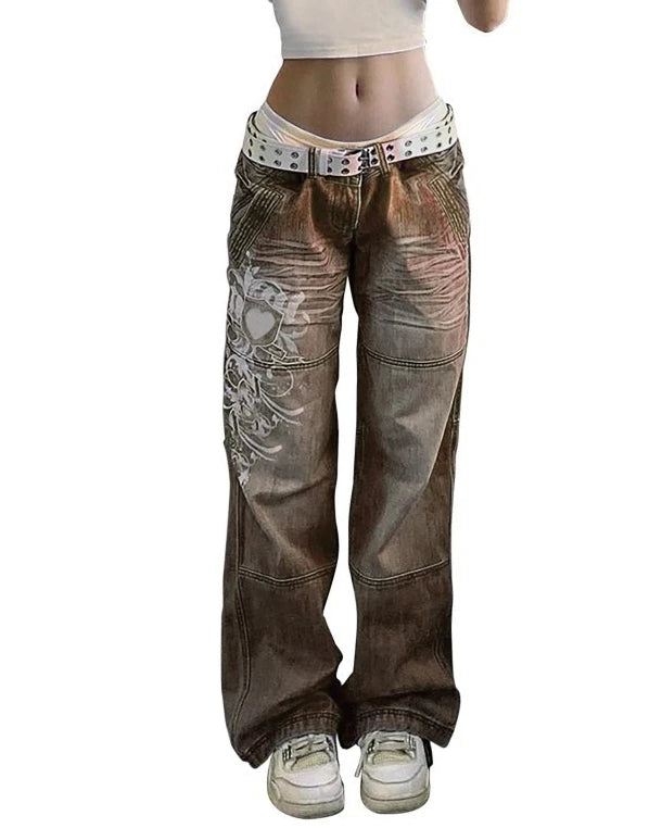 Women's Denim Trousers 2025 Autumn Winter Latest Irregular Print Loose Pants Low Waist Pleats Washed Worn Multi Colored Jeans