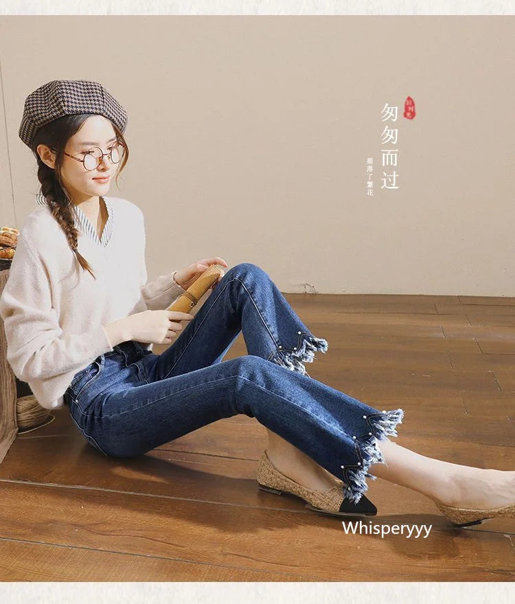 Denim Pants For Women Spring And Autumn Elastic Show Nine Points Trousers High Waist Korea Fashion Flared Jeans Female Casual