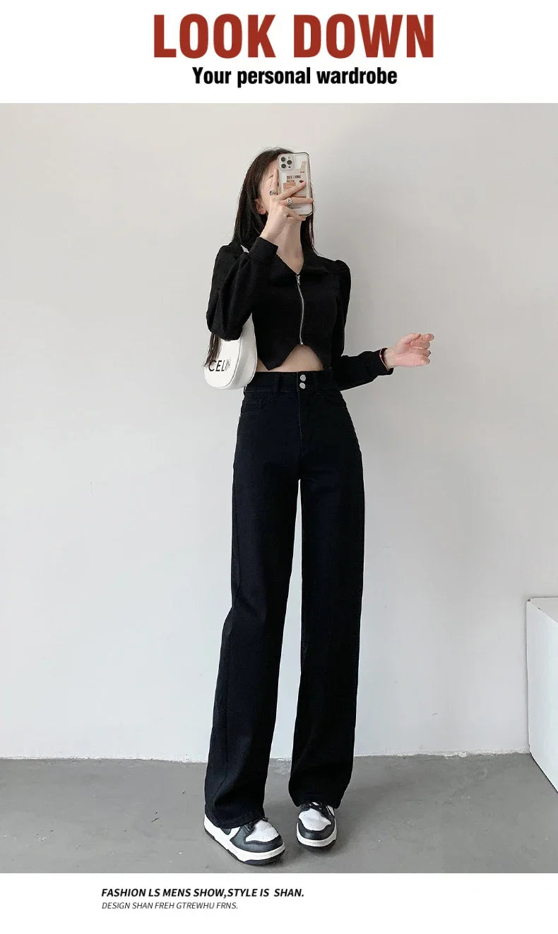 Women's Jeans Autumn High Waist Loose Straight Denim Pants Black Blue Fashion Korean Street Stretch Soft Comfortable Trousers
