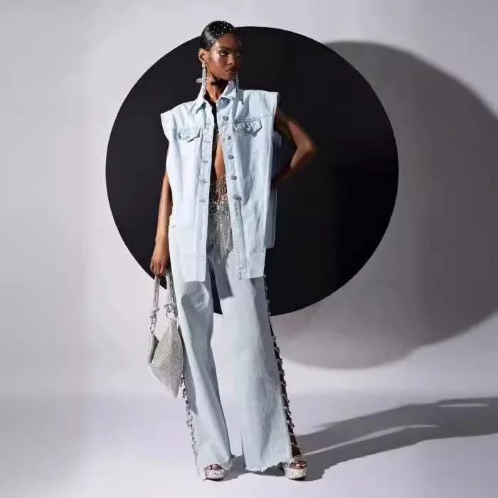 High Waist Ripped Jeans for Women Summer Thin Side Slit Pants Women Denim Long Jeans with Drill Chains Straight Wide-leg Jeans