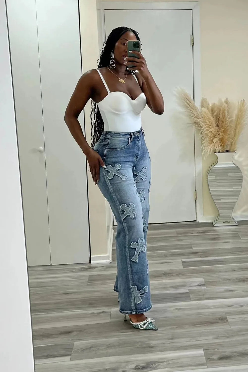 Fashion Women Cotton Jeans High Waist Vintage Wash Denim Tassels Cross Trousers Y2K Streetwear Straight Leg Pants 2024