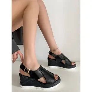 Women Shoes Fashion Peep Toe Women Wedge Sandals Summer High-heeled Fish Mouth Shoes Soft Leather Height-increasing Beach Shoes