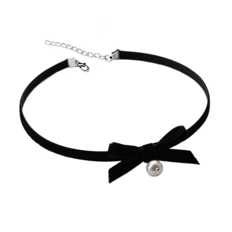 Elegant Bowknot Necklace Pearls Beads Pendant Clavicle Chain Velvets Bows Collarbone Chain Ornament for Women Girls