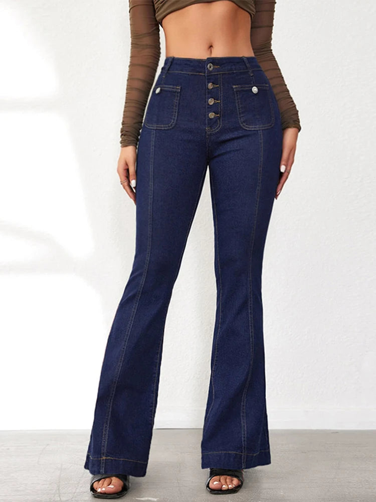 Elegant Single Breasted Women's Denim Flare Pants Retro High Waist High Package Slim Commute Jeans 2025 New Chic Ladies Trousers