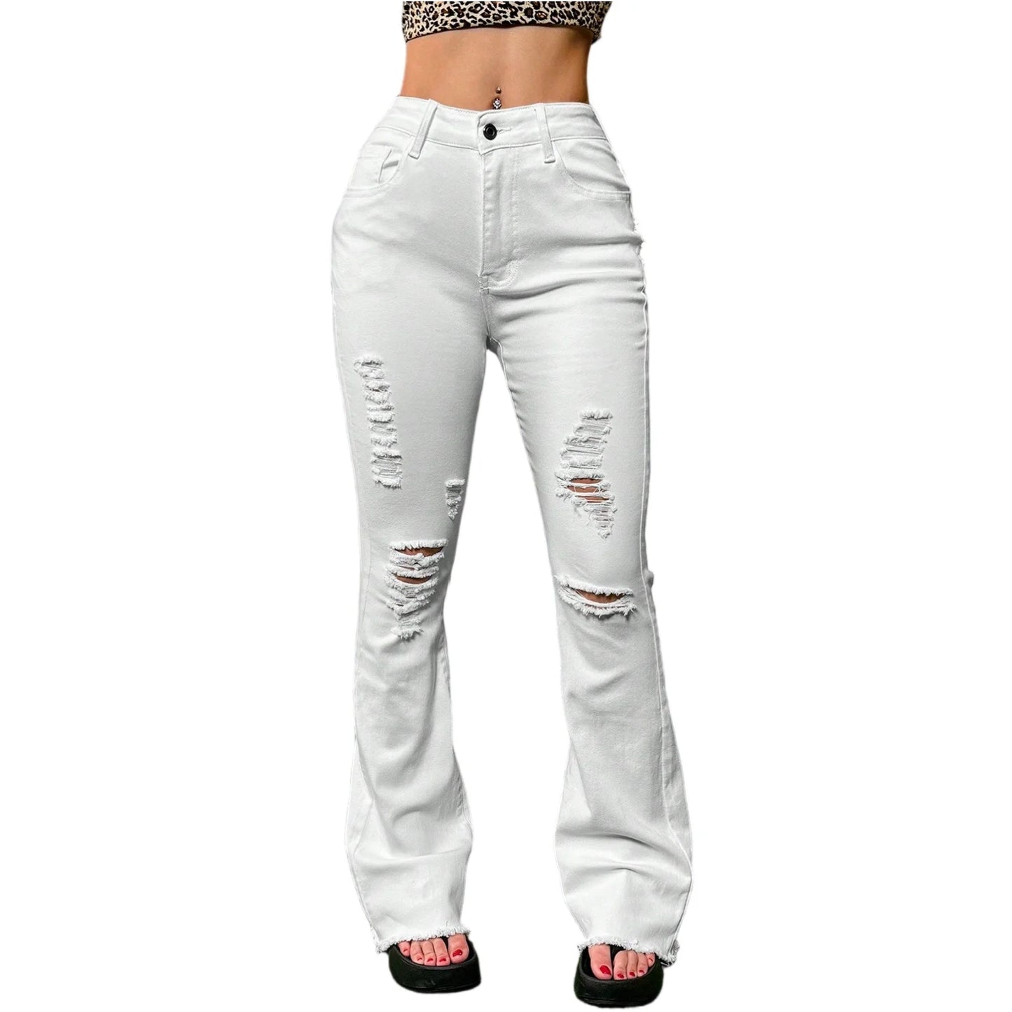 2025 New Spring Women's Ripped Jeans Cotton Slim High Waist Solid Color Sexy Denim Pants Fashion Street Flared Pants