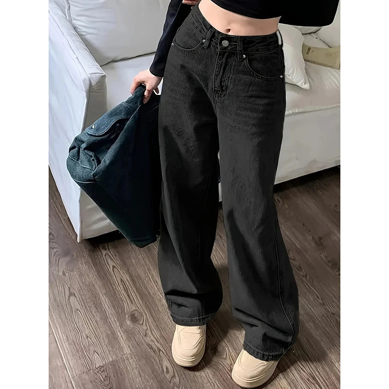 Women Fashion Loose Jeans Female High Waist Streetwear Designer Wide Leg Trousers Female Classic Gray Goth Straight Leg Pants