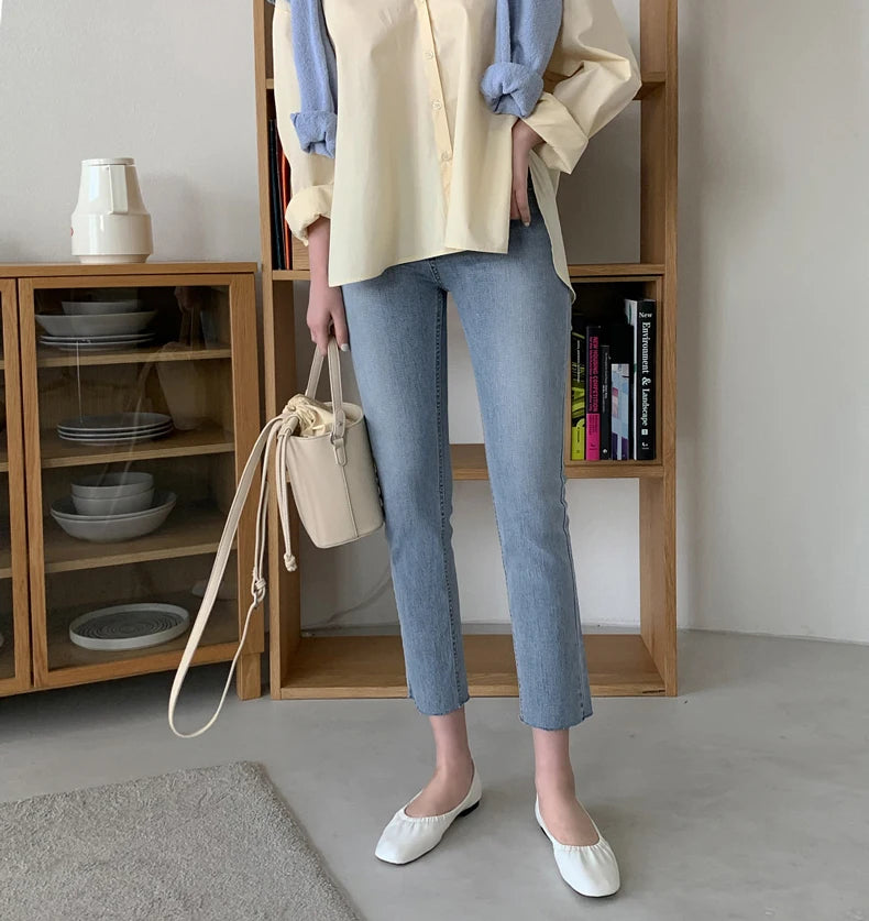 Light Blue Jeans Women Straight Leg Elastic Chic Boyfriend Pants Denim Streetwear Women Ladies Cargo Pants New Fashion 2023
