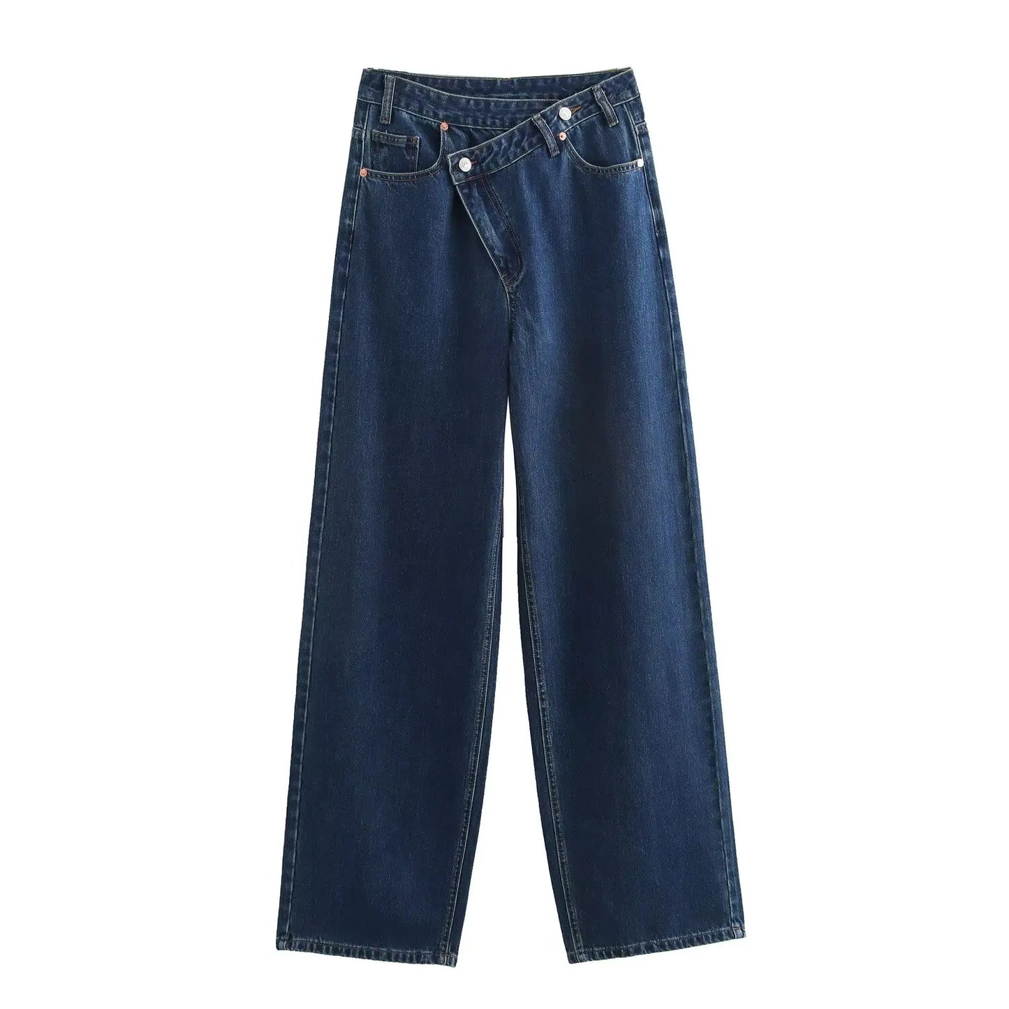 Women's new chic fashion asymmetrical waist design loose high waist wide leg jeans retro side pocket zipper women's denim pants