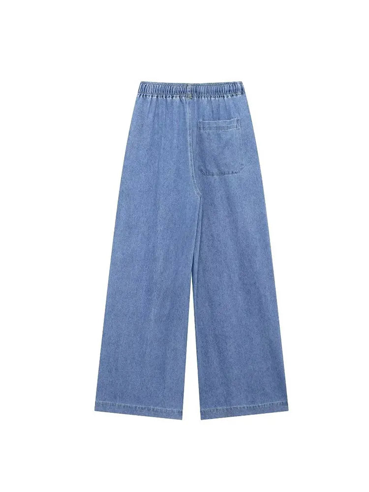 2024 Autumn Denim Pant For Women Loose High Waist Jeans Female Fashion Drawstring Elastic Waist Wide Leg Pants