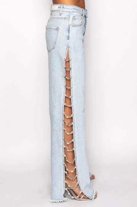 High Waist Ripped Jeans for Women Summer Thin Side Slit Pants Women Denim Long Jeans with Drill Chains Straight Wide-leg Jeans
