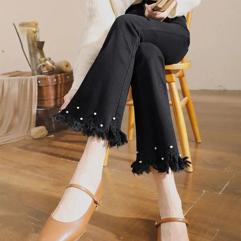 Denim Pants For Women Spring And Autumn Elastic Show Nine Points Trousers High Waist Korea Fashion Flared Jeans Female Casual