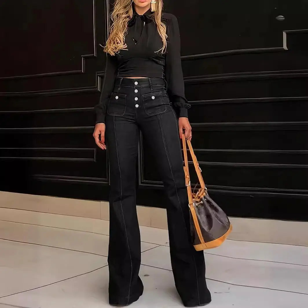 Women Fashion Vintage Washing Denim Long Pant Wide Leg High Waist Jeans 2025 New Lady Summer Commuter Y2k Denim Trousers