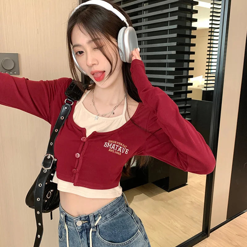 Chic Tshirts for Women Crop Tops 2025 Ropa Mujer Fake Two Tees Single Breasted Long Sleeve Tunic Camisetas Summer Y2k T-shirts