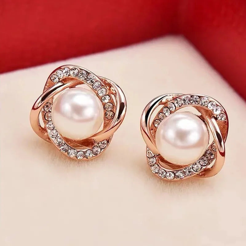 Upscale 14k Gold Jewelry Real Gold Earrings Zircon Pearl Twist Luxury Stud Earrings for Women Brincos Pendientes Bijoux