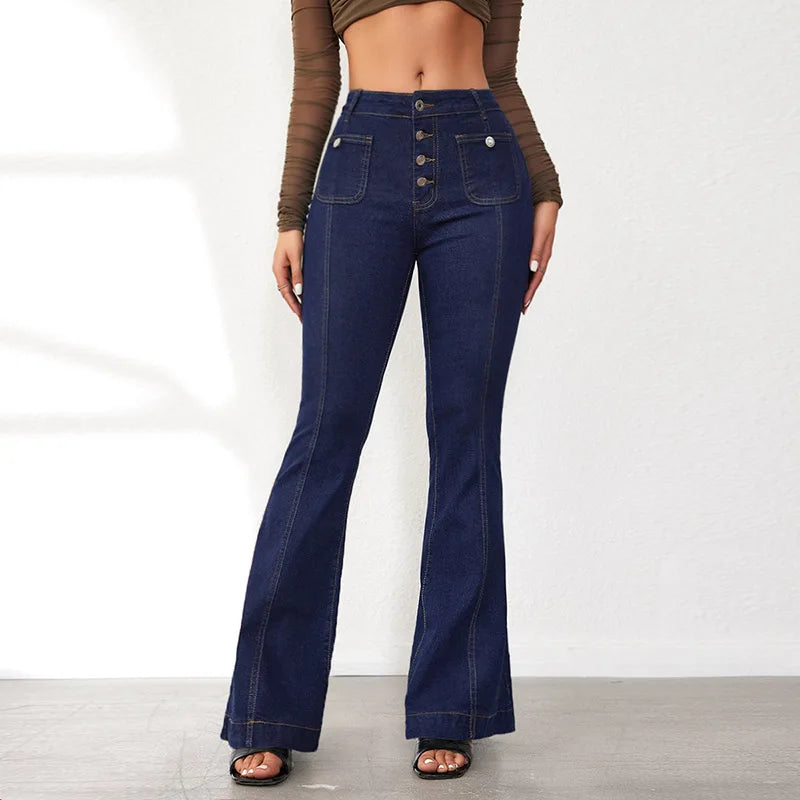 Elegant Single Breasted Women's Denim Flare Pants Retro High Waist High Package Slim Commute Jeans 2025 New Chic Ladies Trousers