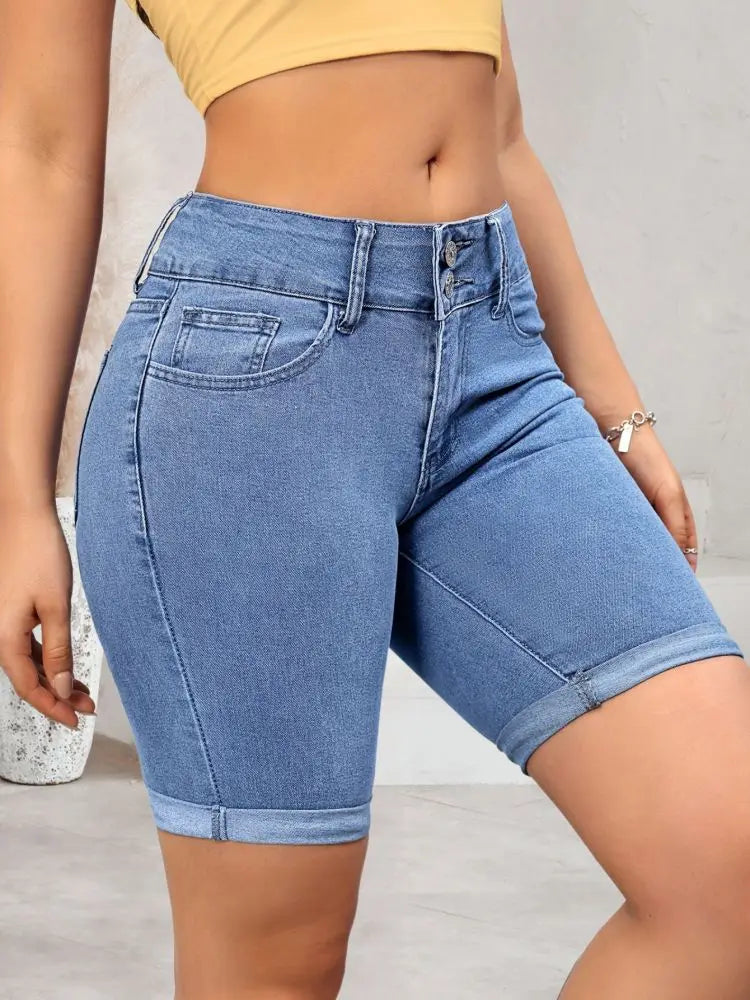 Blue elastic double-breasted fashion shorts jeans women's jeans