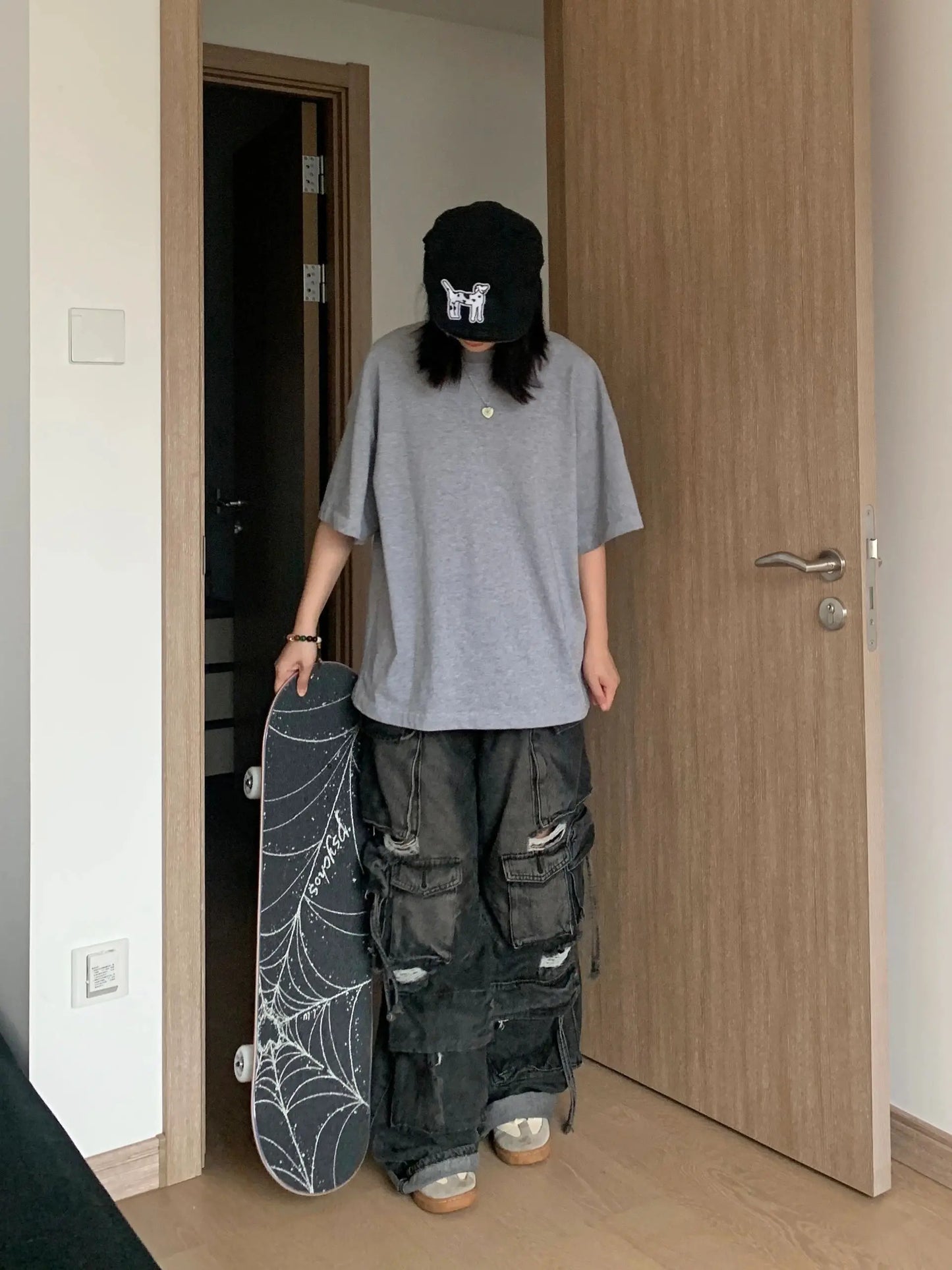 Women Jeans Pants Y2K High Street Heavy Washed Black Perforated Workwear Jeans For Women's Autumn And Winter Multi Pocket