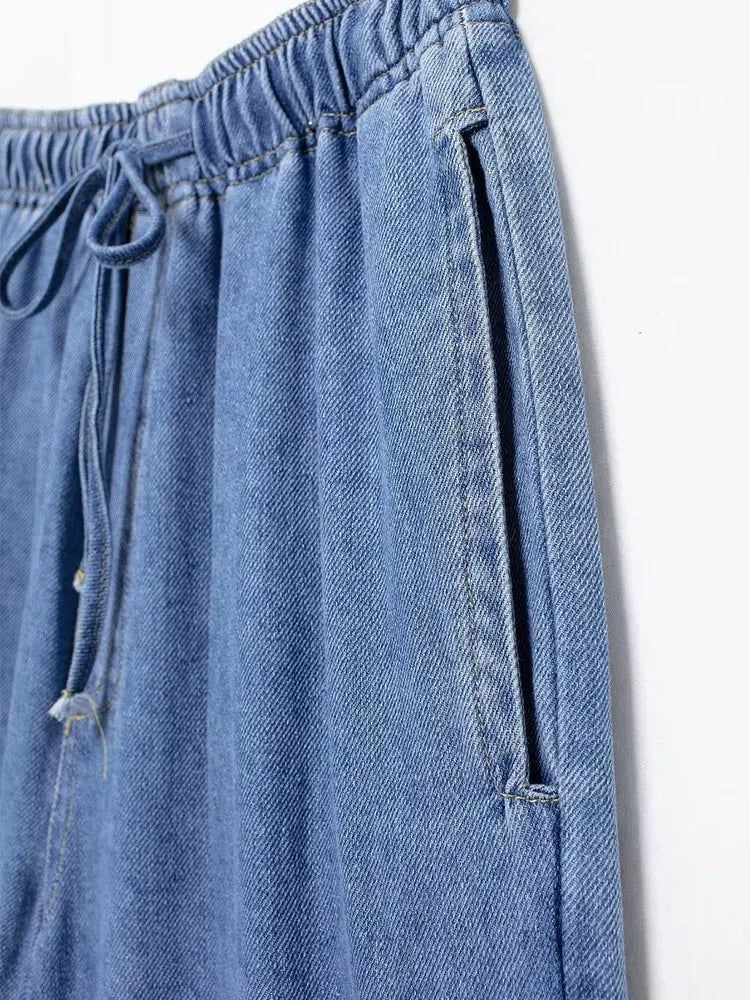 2024 Autumn Denim Pant For Women Loose High Waist Jeans Female Fashion Drawstring Elastic Waist Wide Leg Pants