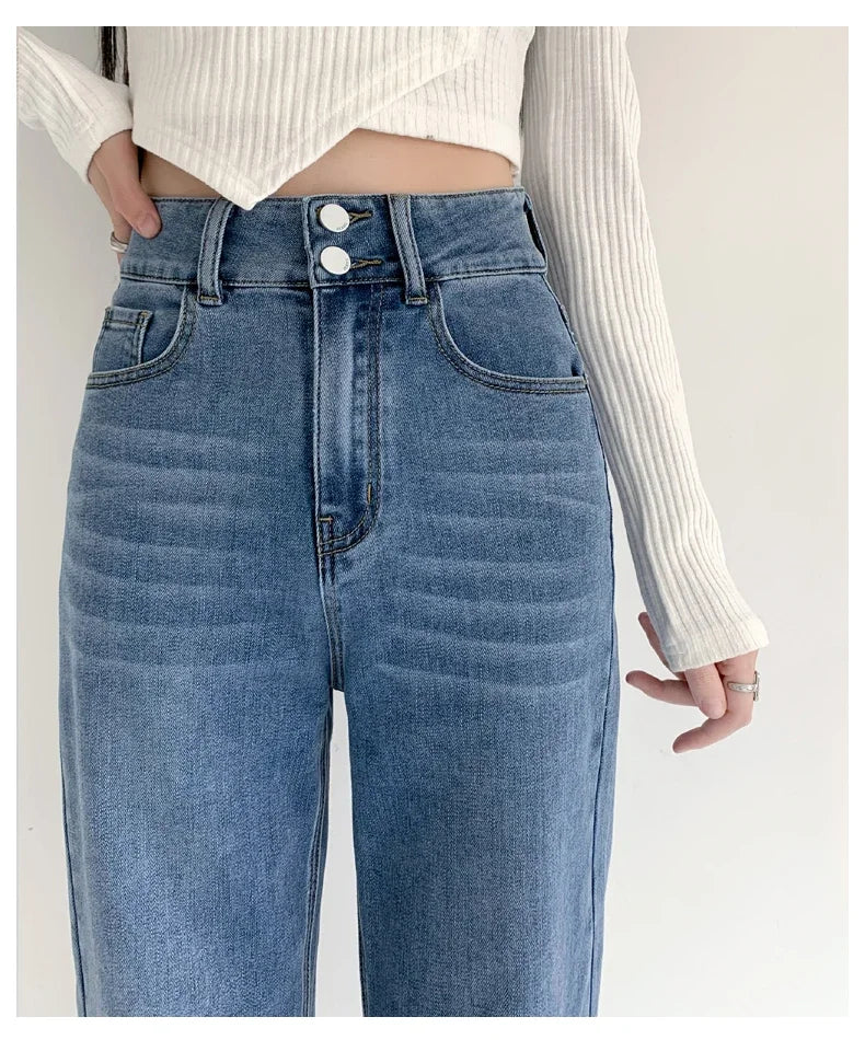 Women's Jeans Autumn High Waist Loose Straight Denim Pants Black Blue Fashion Korean Street Stretch Soft Comfortable Trousers