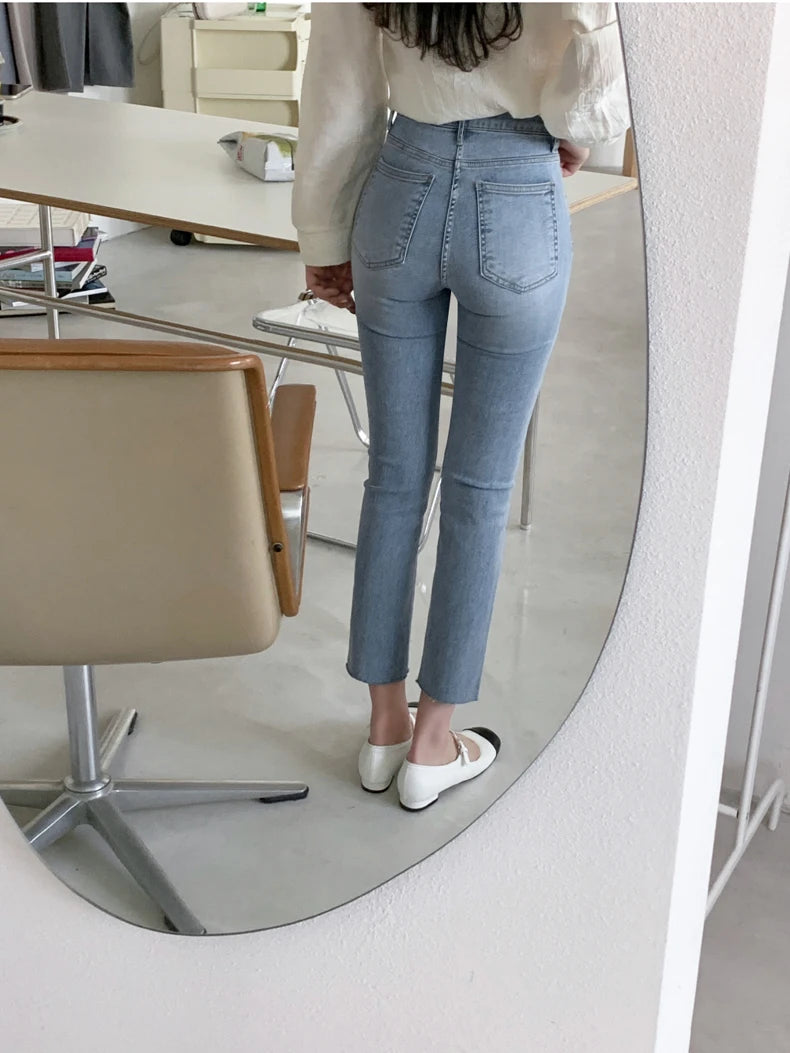 Light Blue Jeans Women Straight Leg Elastic Chic Boyfriend Pants Denim Streetwear Women Ladies Cargo Pants New Fashion 2023