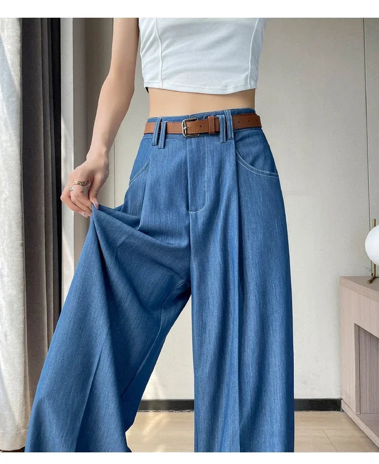 Women's Casual Basic Style Tencel Soft Ice Silk High Waisted Straight Jeans Female Commute Wide-Leg Light Blue Jeans