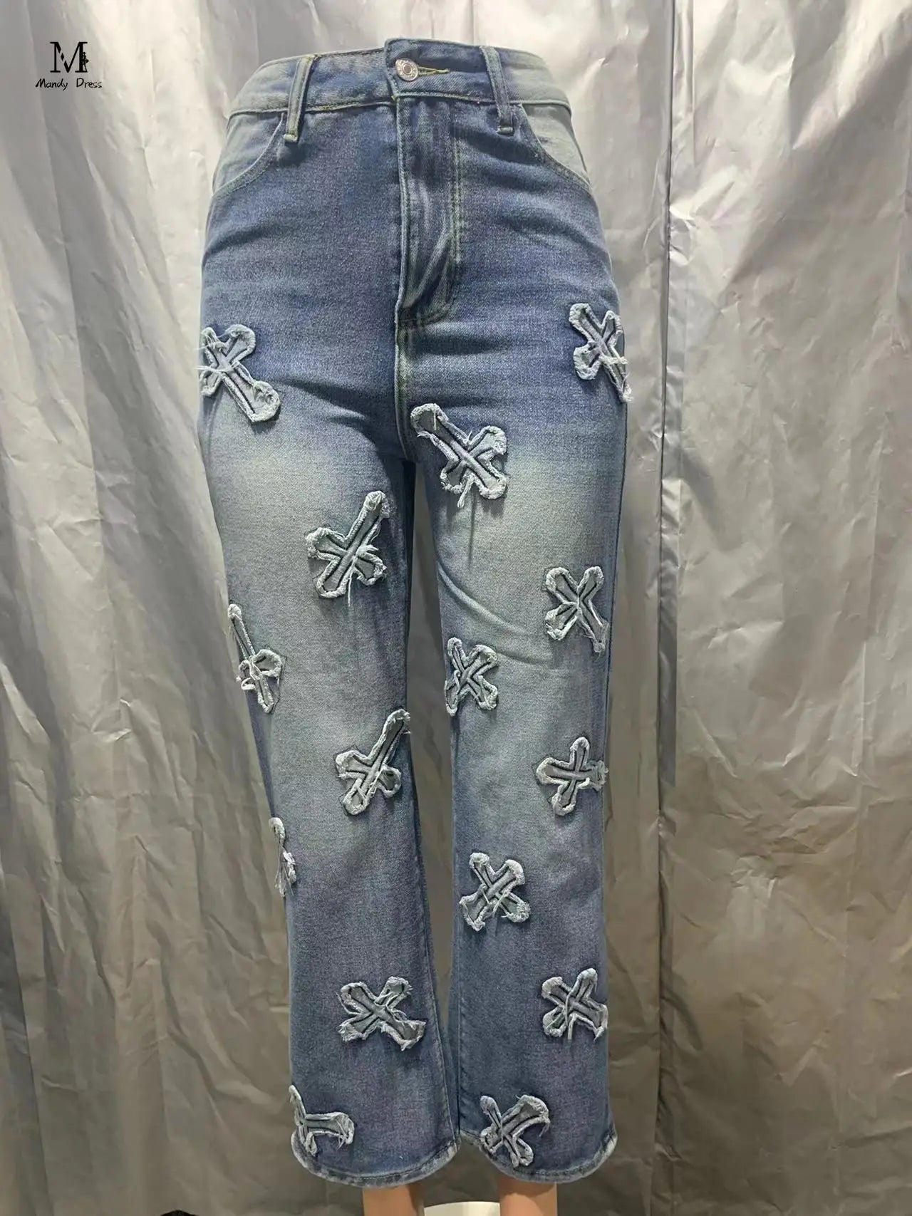 Fashion Women Cotton Jeans High Waist Vintage Wash Denim Tassels Cross Trousers Y2K Streetwear Straight Leg Pants 2024