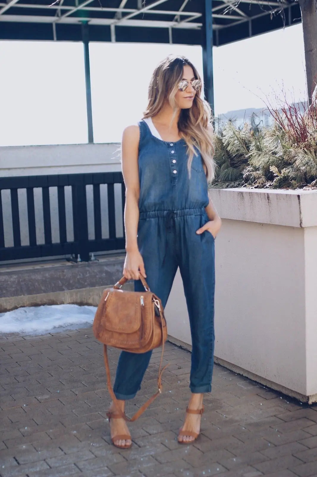 Women's Summer Jeans Jumpsuit V Neck Sleeveless Vest Waist Slim Fashion Drawstring Denim Long Jumpsuit Lady Vest