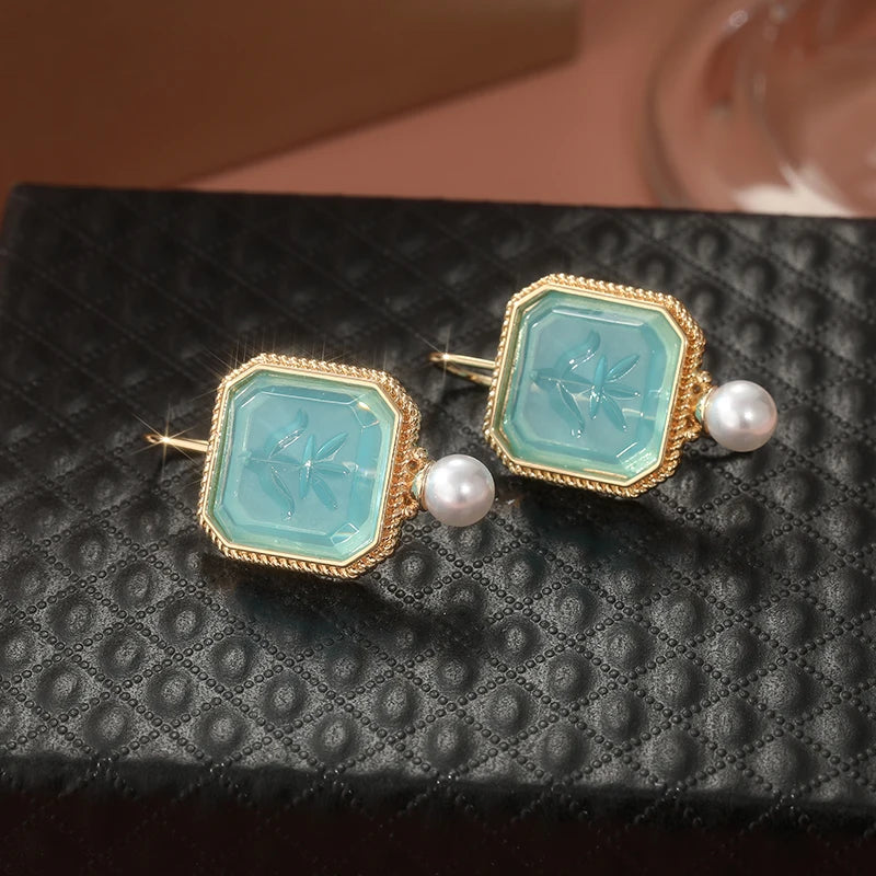 Intaglio Earrings, Blue Earrings, Vintage Jewelry, Imitation Pearl Earrings, Art Deco Earrings, Dainty Earrings, Gift for Mom