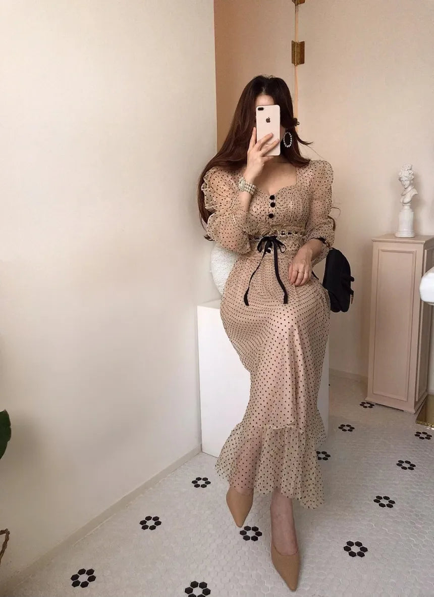 Women Clothing Vestidos Vintage Dress Elegant Square Neck High Waisted Lace Organza Polka Dot Dresses Chic Summer 2025 Slim