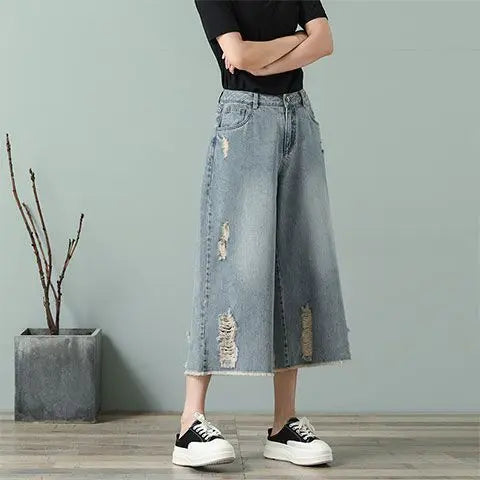 Ripped Jeans Woman Calf-Length Pants Women's Wide Legs Loose Thin Summer Retro Denim High Waist Baggy Korean Fashion Clothes New