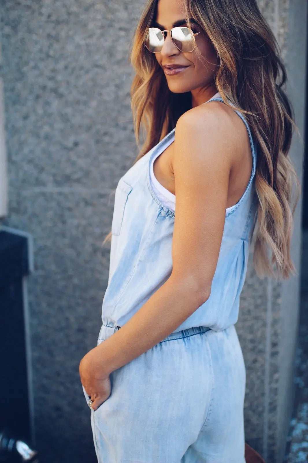Women's Summer Jeans Jumpsuit V Neck Sleeveless Vest Waist Slim Fashion Drawstring Denim Long Jumpsuit Lady Vest
