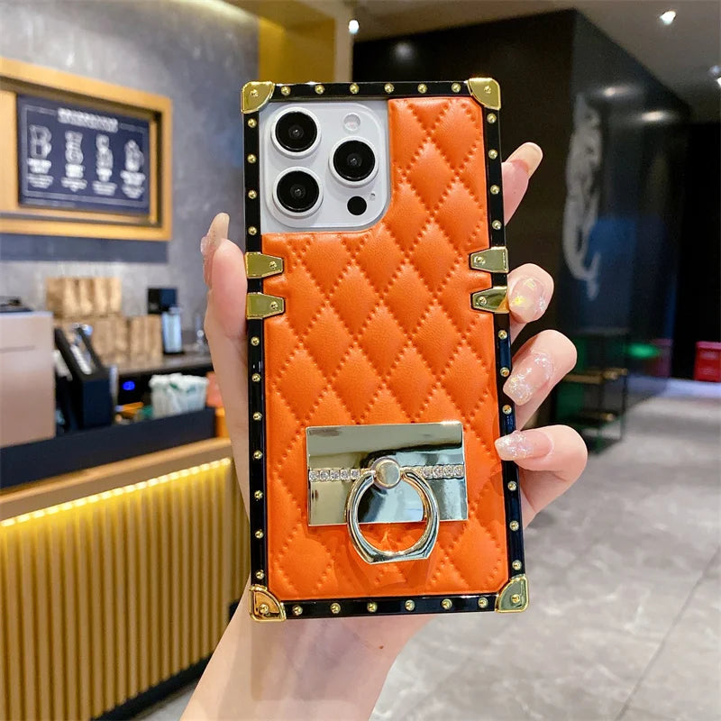 Elegant PU Leather Phone Case For iPhone 16 Pro Max Luxury Square Cases For iPhone 15 14 11 Pro 12 13 Mini XR X Max Back Cover