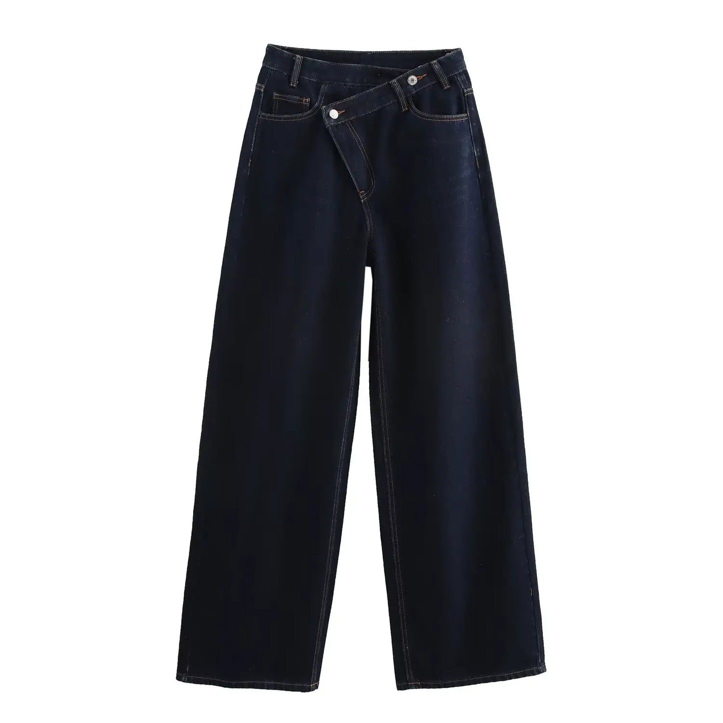 Women's new chic fashion asymmetrical waist design loose high waist wide leg jeans retro side pocket zipper women's denim pants