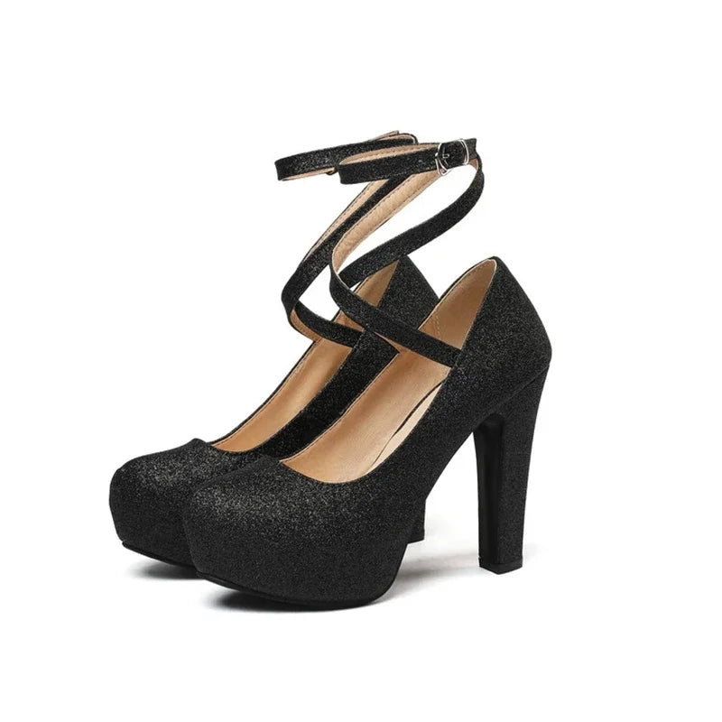 Women Shoes Sexy Fashion Round Toe High Heels Ankle Strap Dress Dance Party Wedding Bride Platform Shoes Big Size 49 50 33-43