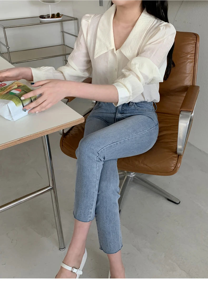 Light Blue Jeans Women Straight Leg Elastic Chic Boyfriend Pants Denim Streetwear Women Ladies Cargo Pants New Fashion 2023
