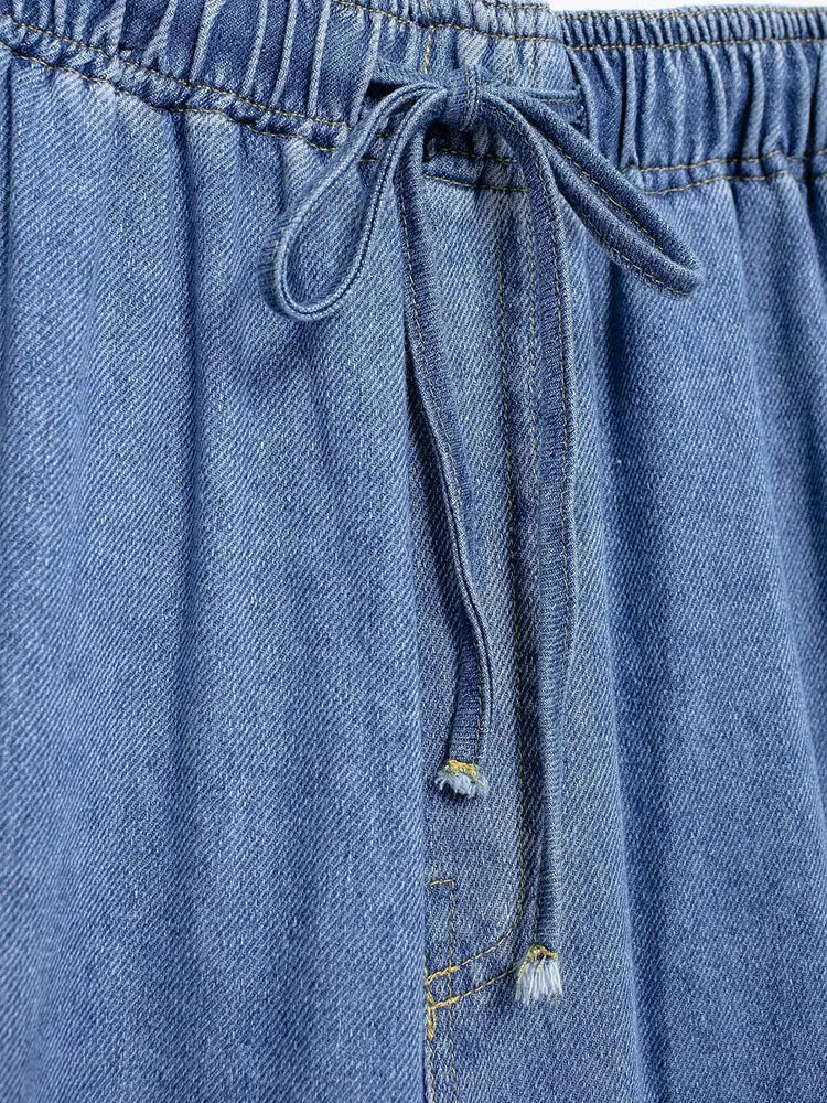 2024 Autumn Denim Pant For Women Loose High Waist Jeans Female Fashion Drawstring Elastic Waist Wide Leg Pants