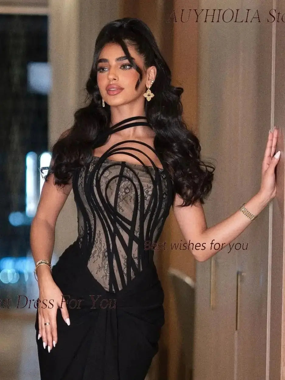 Black Evening Dresses for Women Elegant Lace Party Gown Formal Ruched Cocktail Prom Gowns فساتين سهرة Vestidos De Gala 2025