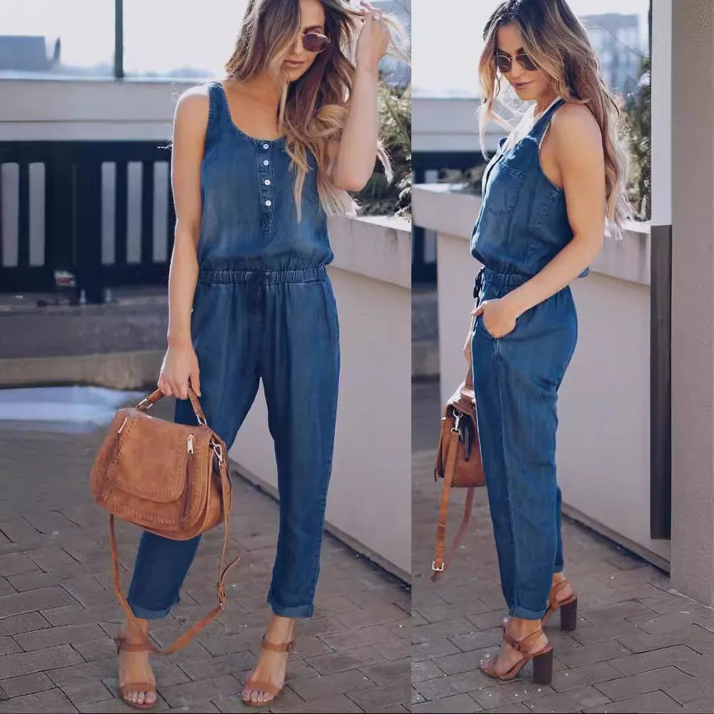 Women's Summer Jeans Jumpsuit V Neck Sleeveless Vest Waist Slim Fashion Drawstring Denim Long Jumpsuit Lady Vest