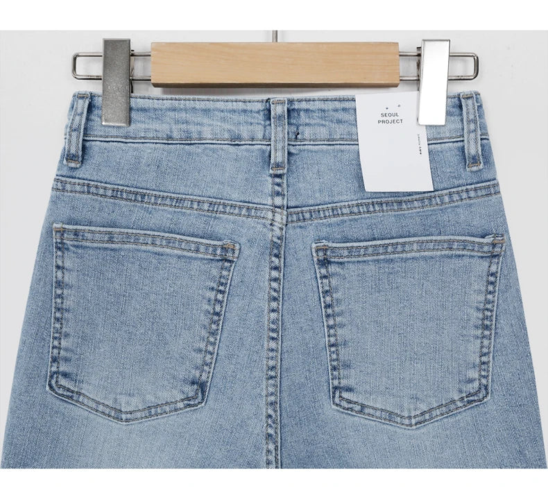 Light Blue Jeans Women Straight Leg Elastic Chic Boyfriend Pants Denim Streetwear Women Ladies Cargo Pants New Fashion 2023